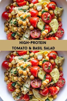 two pictures with different types of food in them and the words high protein tomato basil salad