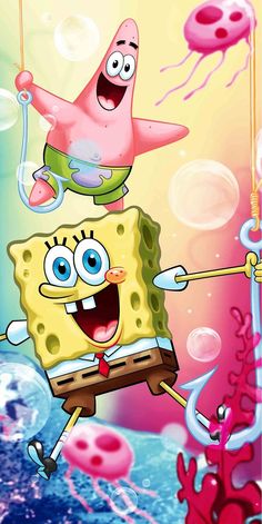 spongebob is flying through the air with bubbles