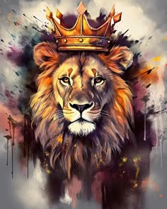 a painting of a lion wearing a crown on top of it's head with paint splatters