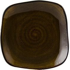 a square brown plate with black rims on it's sides and a spiral design in the center