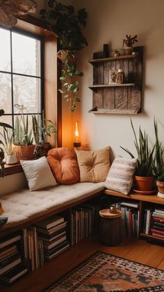 a living room filled with lots of furniture and plants on top of bookshelves