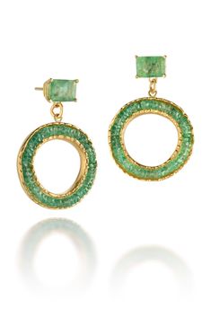 Gold & Stone Earrings - Artist Holly Churchill Lane was inspired by glittering pirate treasures of old when creating these elegant statement earrings.  Finely textured 18K yellow gold surrounds a circle of green emeralds, each topped with an emerald cut emerald (5.60 carats), set in 18K gold prongs. These earrings are deceptively light for as substantial as they look. Posts and backs are solid 18K gold. Gold Tsavorite Earrings Fine Jewelry, Gold Tsavorite Gemstone Earrings, Gold Stone Earrings, Pirate Treasure, Emerald Bead, Gold Stone, Emerald Earrings, Emerald Stone, A Circle