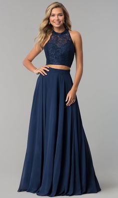 Color: Navy Neckline: High-Neck Silhouette: 2-Piece / A-Line Fabric: Lace / Chiffon Brand: Clarisse Style #: 3427 Bridesmaid Essentials, Two Piece Bridesmaid Dresses, 2 Piece Formal Dresses, Two Piece Formal Dresses, Prom Dress With Lace, Celebrity Prom Dresses, 2 Piece Prom Dress, Stunning Bridesmaid Dresses, Prom Dresses Two Piece