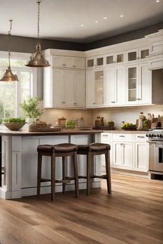 two stools sit at the center of a kitchen island with white cabinets and wood flooring