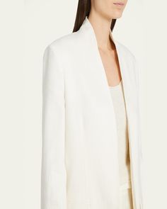 THE ROW "Harvy" open front jacket    Shawl collar    Long sleeves; button cuffs    Hip flap pockets    Straight silhouette    Linen    Silk lining    Made in Italy Shawl, Shawl Collar Jacket, Open Front Jacket, Linen Jacket, Shawl Collar, Front Open, The Row, Tops Designs, In Italy