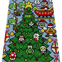 an image of a pixelated christmas tree with santa claus and other characters around it