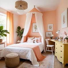 a bedroom with pink walls and white drapes on the ceiling, an orange canopy bed