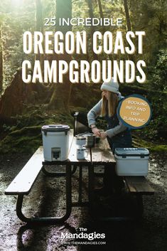 a woman sitting at a picnic table in the woods with ice buckets on it