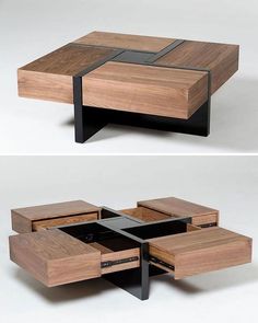 this coffee table is made out of wood and has drawers on each side that are open