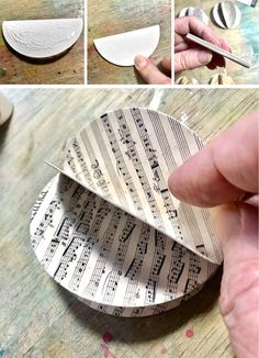 the process of making an ornament out of sheet music paper is shown here