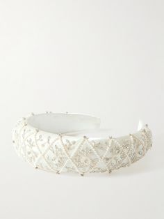 EXCLUSIVE AT NET-A-PORTER. Clio Peppiatt's headband is a sweet addition to your bridal trousseau. Echoing vintage pieces, it's made from ivory satin and hand-embellished with iridescent floral beads, accented by crystals and faux pearls. The wide, puffy shape will beautifully frame your face. Handmade Headbands, Clio Peppiatt, Bridal Trousseau, Thick Headbands, Designer Headbands, Satin Headband, Headpiece Jewelry, Vintage Headbands, Padded Headband