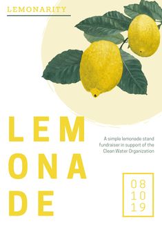 the lemonade label for lemonade water is shown in yellow and has green leaves on it