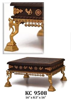 an ornately decorated coffee table with gold accents and a clock on it's side