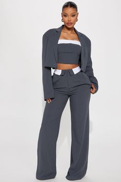 Blazer Collar, Pant Suits For Women, Woman Suit, Fashion Nova Outfits, Stylish Work Outfits, Cute Comfy Outfits, Grey Blazer, Cropped Blazer, Wide Leg Pant