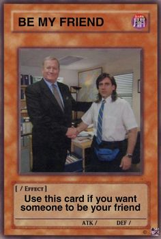 two men shaking hands in front of a card with the caption be my friend