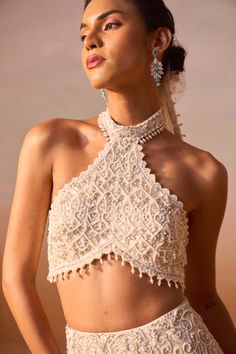 Halter Neck Indian Blouse, Halter Blouse Lehenga, Halter Neck Lehenga Blouse, Wall Reference, Crystal Blouse, Beach Lookbook, Modern Blouse Designs, Indian Outfits Modern, Indian Fits