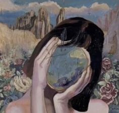 a painting of a woman covering her face with her hands and holding a globe in front of her face