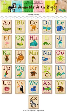 an image of alphabets with animals and letters on them, all in different colors