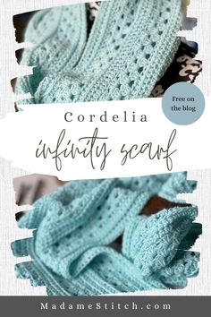 a blue crocheted scarf with text overlay that reads, cordia unfaithy scarf