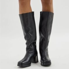 New In Box Size: 8/39 Color: Black Details: 100% Leather, Rubber Knee-High Boots Platform Sole Chunky Square Heel Knee High Black Boots Outfit, Visual Archive, Urban Outfitters Shoes, Boots Platform, Wardrobe Style, Shoes Heels Boots, Knee High Boots, High Boots, Shoe Collection