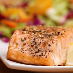 a close up of a plate of food with salmon