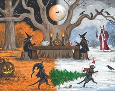 an image of halloween scene with witches and cats