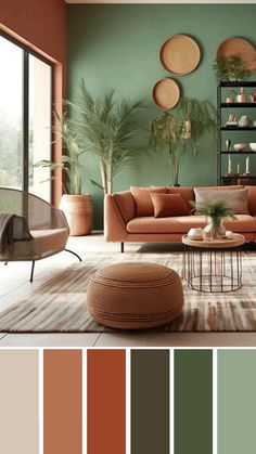 a living room filled with furniture and lots of green color scheme in shades of brown