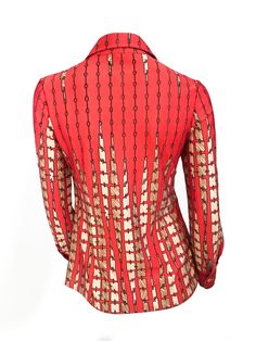 1970s Lanvin Red Disco Printed Shirt For Sale at 1stdibs Designer Fitted Printed Blouse, Retro Red Formal Tops, Red Retro Formal Tops, Red Designer Formal Tops, Designer Red Formal Tops, Elegant Fitted Tops With Geometric Pattern, Red Vintage Print Shirt, 1970s Style Fitted Long Sleeve Shirt, Lanvin Blouse