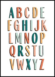 the alphabet is made up of different colors and shapes, including letters that appear to be painted