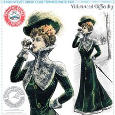 Wearing History Archive Couture Pattern #AC102 Download and PRINT AT HOME on US Letter or A4 size paper.  Now also includes A0 Copy Shop size!   1899 Great Coat Trimmed with Fur One Size Only- Size 34" Bust, Waist 26"  A gorgeous 1890s overcoat with a fur trim.  The fur can also be substituted for a contrast fabric.   - ADVANCED Difficulty -  Advanced difficulty.  Must be able to put a garment together with no instruction.  You may wish to have a sewing book handy for detailed techniques.     ABOUT THIS PATTERN: From an original 1899 period sewing pattern from La Mode Illustree. Archive Couture patterns are an exercise for one's skills, and an adventure into understanding sewing from antique patterns.  Please read more details about this pattern below.   -Size and Yardage- This pattern is Victorian Sewing, Walking Trousers, Modern Costumes, Tailoring Techniques, Coat With Fur, Great Coat, Costume Patterns, Sewing Book, Jacket Pattern