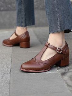 Elegant Brown Mary Jane Shoes For Women, Scallop Trim Chunky Heeled Pumps | SHEIN USA Brown Mary Janes, Vintage Sandals, Chunky High Heels, Brown Shoes, Strap Pumps, Vintage Casual, Comfortable Sandals, Mary Jane Shoes, Dress And Heels