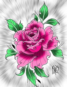 a drawing of a pink rose with green leaves