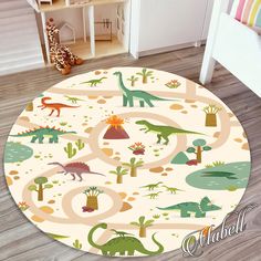 a child's play mat with dinosaurs and plants on it in the middle of a room