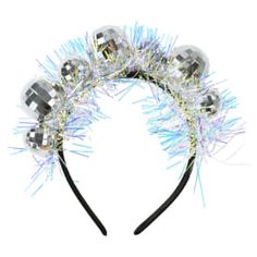 a headband with silver and blue tinsels on the top, in front of a white background