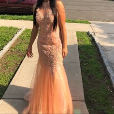 It’s A Beautiful Peachy Colored Dress, With Beautiful Gems And Sparkles And Details All Over , But The Neck And Back Part Are My Favorite! I Zoomed In To Show You Guys. :) Peach Dress, Colorful Dresses, My Favorite, Prom Dresses, Size 4, Prom, Gems, Sparkle, Womens Sizes