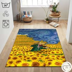 a sunflower field with a woman in the middle and blue sky behind her rug