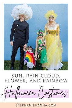 three people in costumes with text overlay reading sun, rain cloud, flower and rainbow halloween costumes