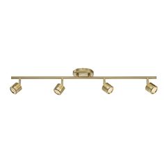 three light brass track fixture with four lights on each end and two bulbs in the middle