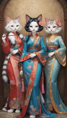 three cats are standing next to each other in colorful dresses and one cat is looking at the camera