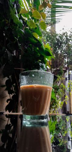 a glass filled with liquid sitting on top of a table next to a plant covered wall