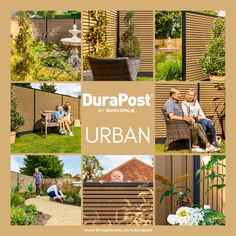 a collage of photos with people sitting on benches and in the background is an urban garden