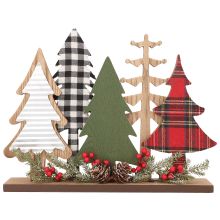 three wooden christmas trees on a shelf with plaid ribbon and pine cones in the center