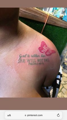 a person with a butterfly tattoo on their shoulder and the words she will not fail