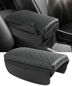 the interior of a car with black leather upholstered seats and backrests