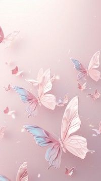 pink and blue butterflies flying in the air on a light pink background with white sparkles