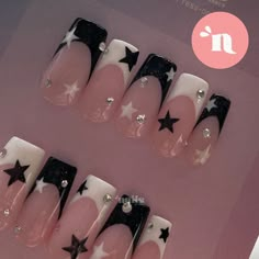 White French Tips With Glitter, French Tips With Glitter, Nails With Stars, Press On Nails Black, White French Tips, Black And White Nails, Glitter French Tips, Gel Press On Nails, Grunge Nails