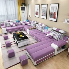 a living room filled with lots of purple couches