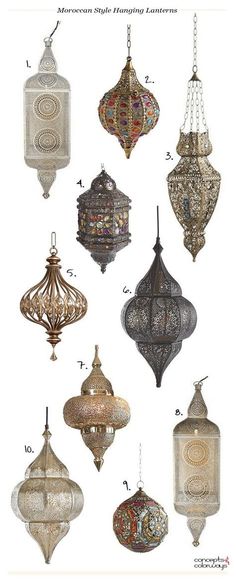 an assortment of hanging lanterns in various styles and colors, including one with intricate designs