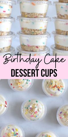 birthday cake dessert cups with white frosting and sprinkles