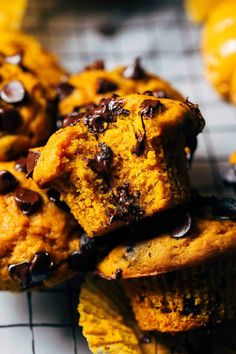 chocolate chip muffins stacked on top of each other